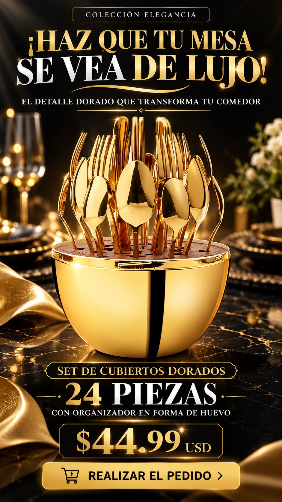 Imagen publicitaria 1 del set de cubiertos dorados de 24 piezas