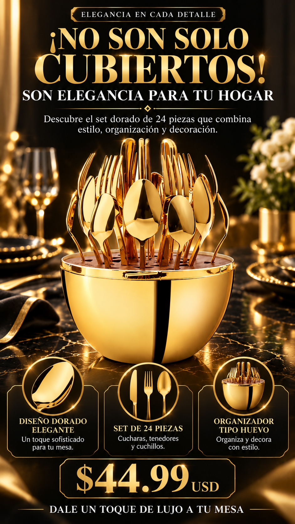 Imagen publicitaria 2 del set de cubiertos dorados de 24 piezas