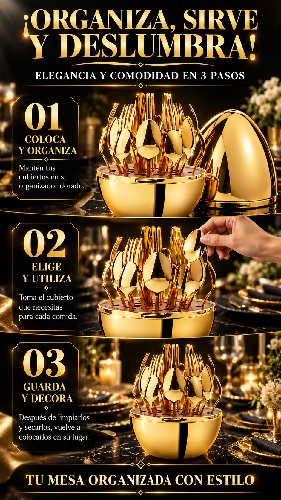 Imagen publicitaria 3 del set de cubiertos dorados de 24 piezas